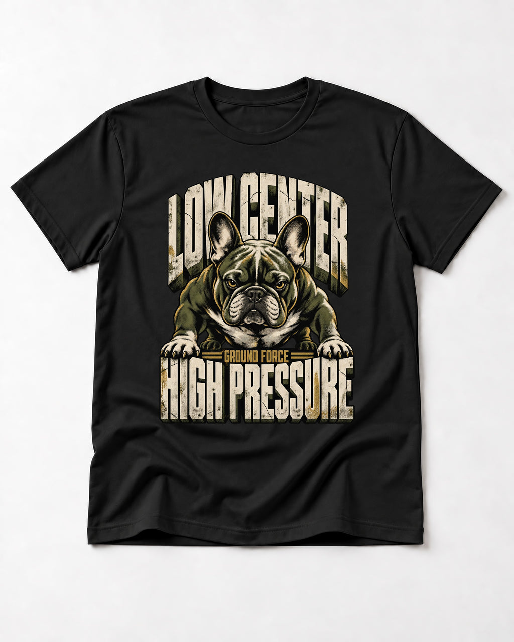 Frenchie Low Center High Pressure Graphic T-Shirt in Black, flat lay product photo