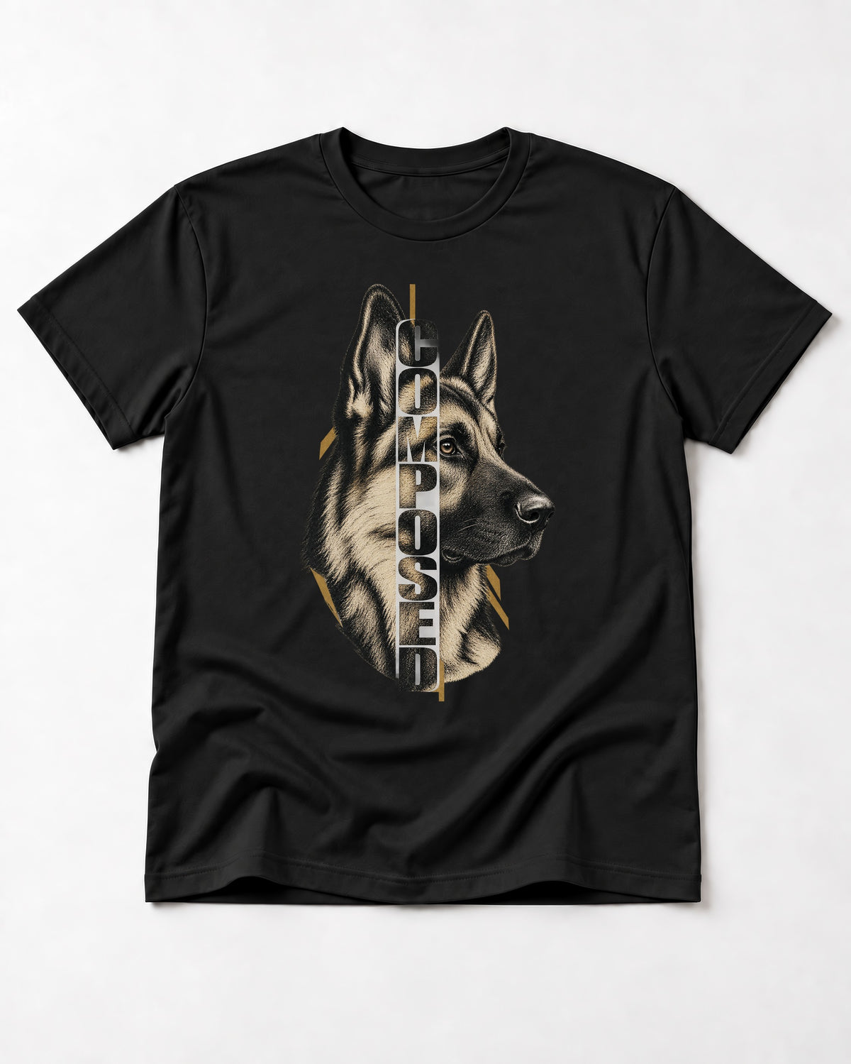 Composed Profile German Shepherd Dog Graphic T-Shirt in Black, flat lay product photo