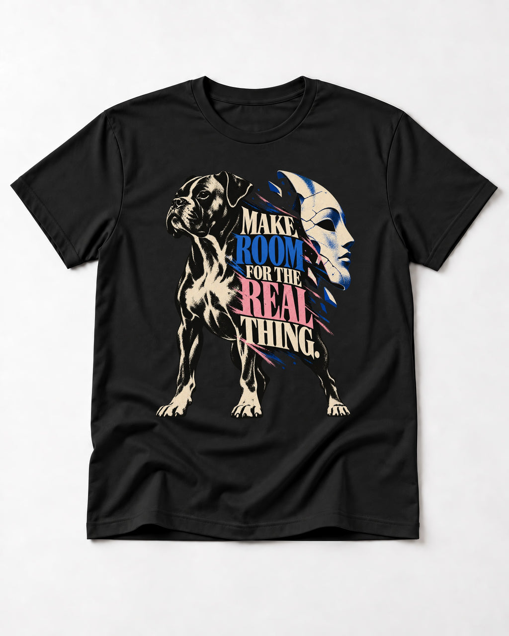 Make Room for the Real Thing Boxer Broken Mask Graphic T-Shirt in Black, flat lay product photo