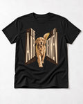 The Air Between Dimensional Golden Retriever Graphic T-Shirt in Black, flat lay product photo