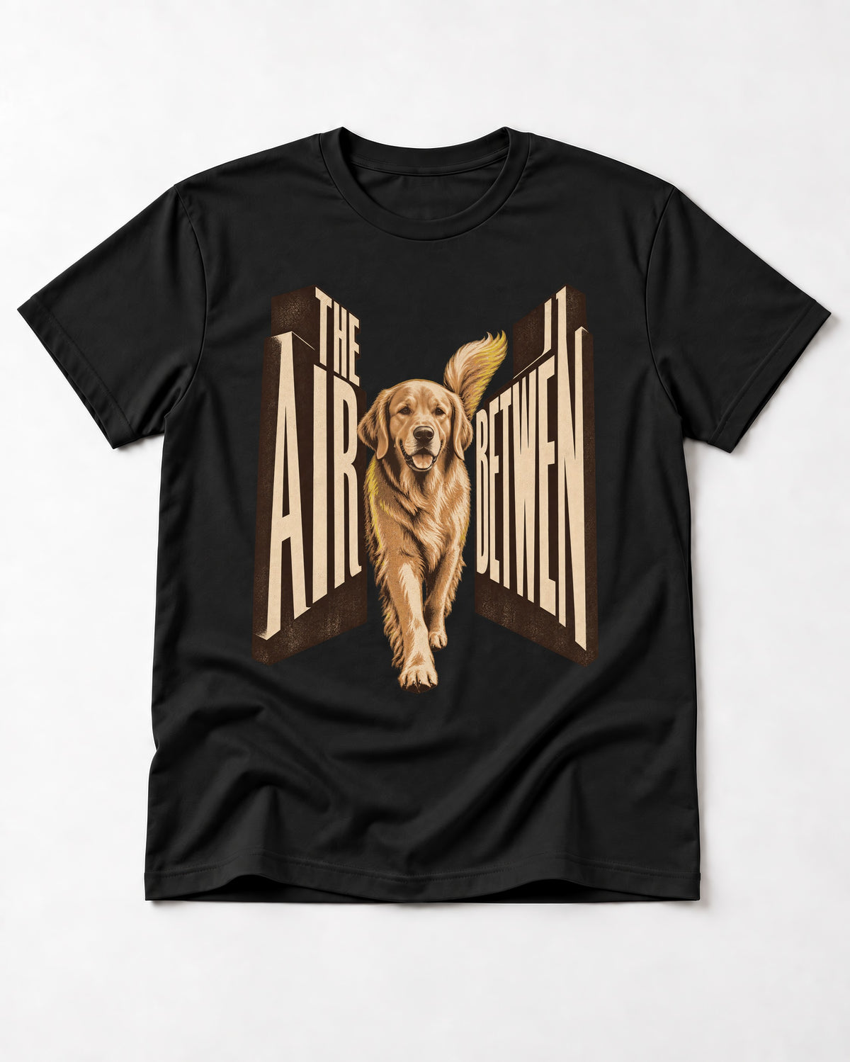 The Air Between Dimensional Golden Retriever Graphic T-Shirt in Black, flat lay product photo