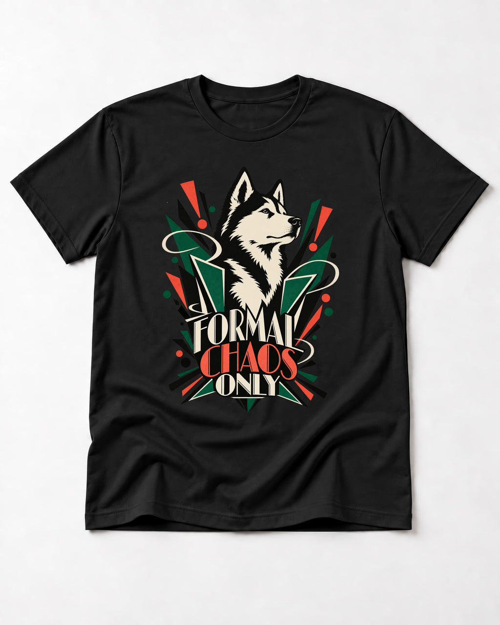 Husky Formal Chaos Only Art Deco Portrait Graphic T-Shirt in Black, flat lay product photo