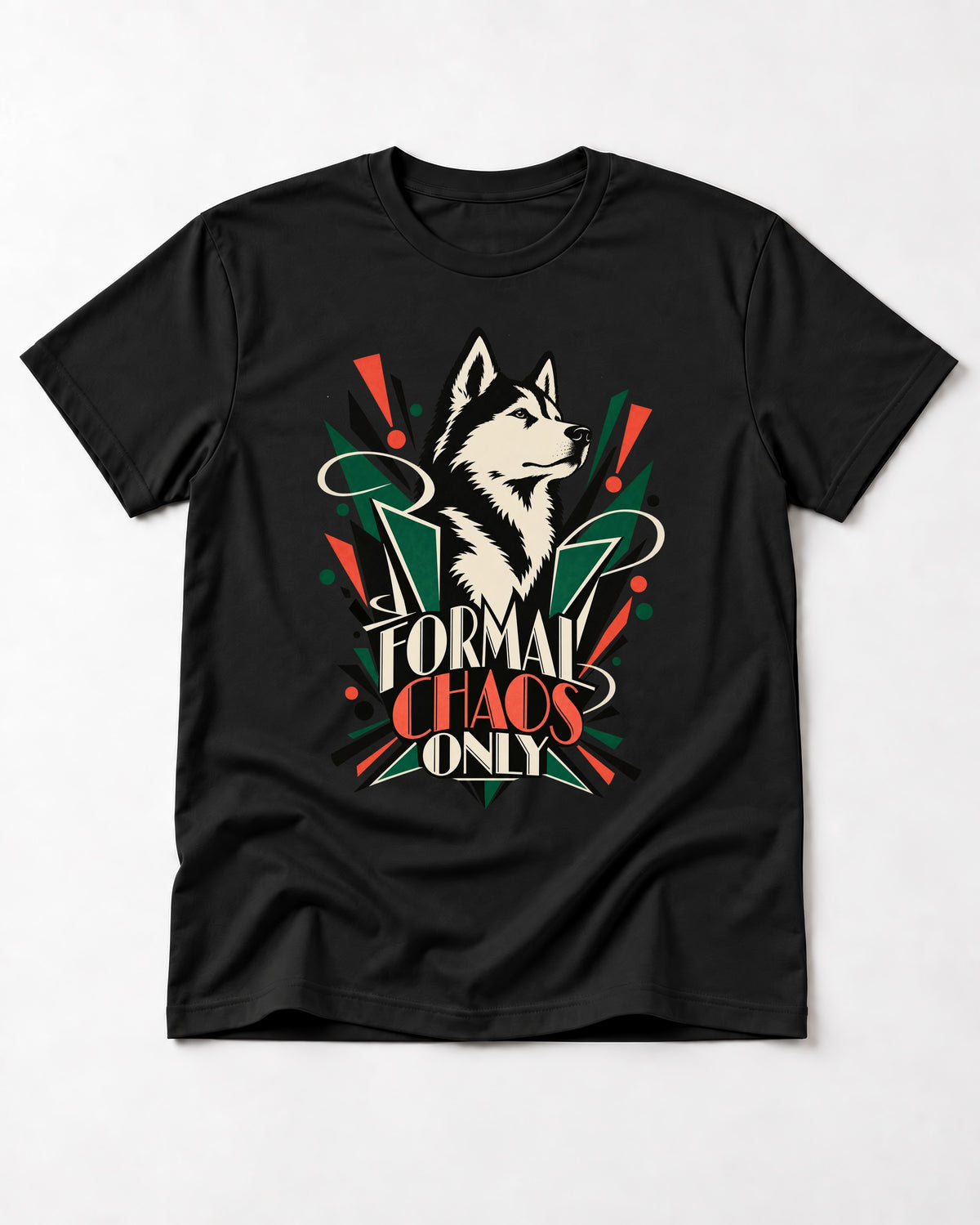 Husky Formal Chaos Only Art Deco Portrait Graphic T-Shirt in Black, flat lay product photo