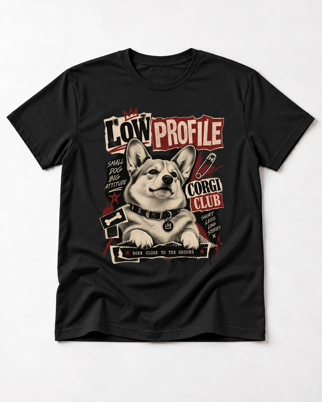 Corgi Low Profile Corgi Club Punk Collage Graphic T-Shirt in Black, flat lay product photo