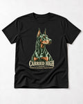 Doberman Carried High Portrait Graphic T-Shirt in Black, flat lay product photo