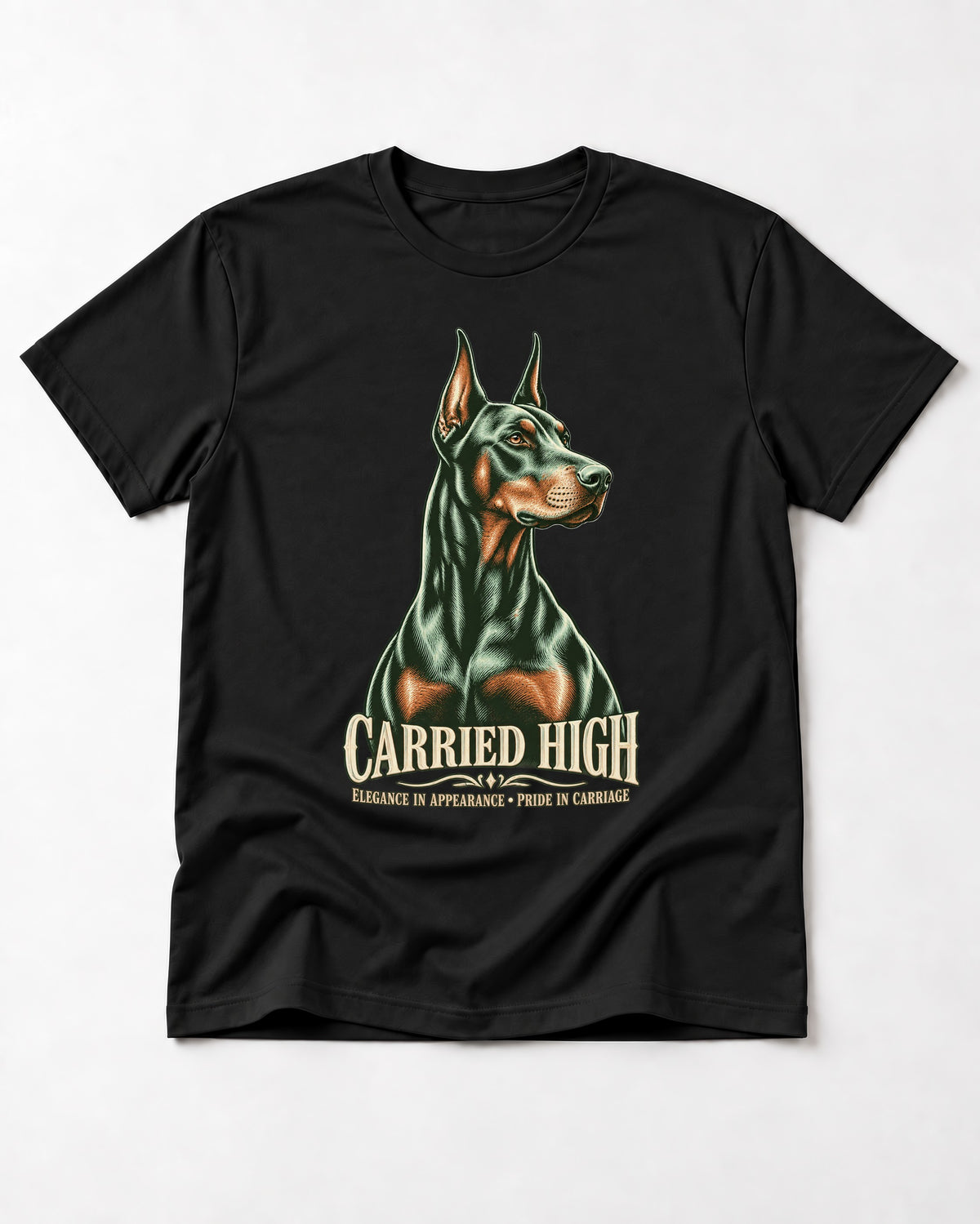 Doberman Carried High Portrait Graphic T-Shirt in Black, flat lay product photo