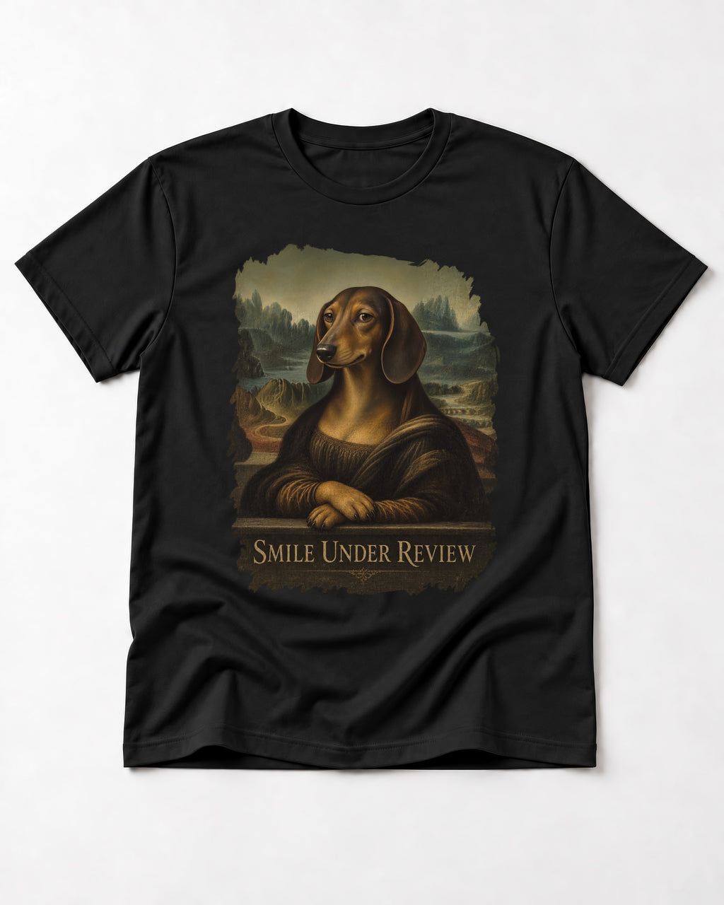 Dachshund Smile Under Review Mona Lisa Graphic T-Shirt in Black, flat lay product photo