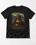 Dachshund Smile Under Review Mona Lisa Graphic T-Shirt in Black, flat lay product photo