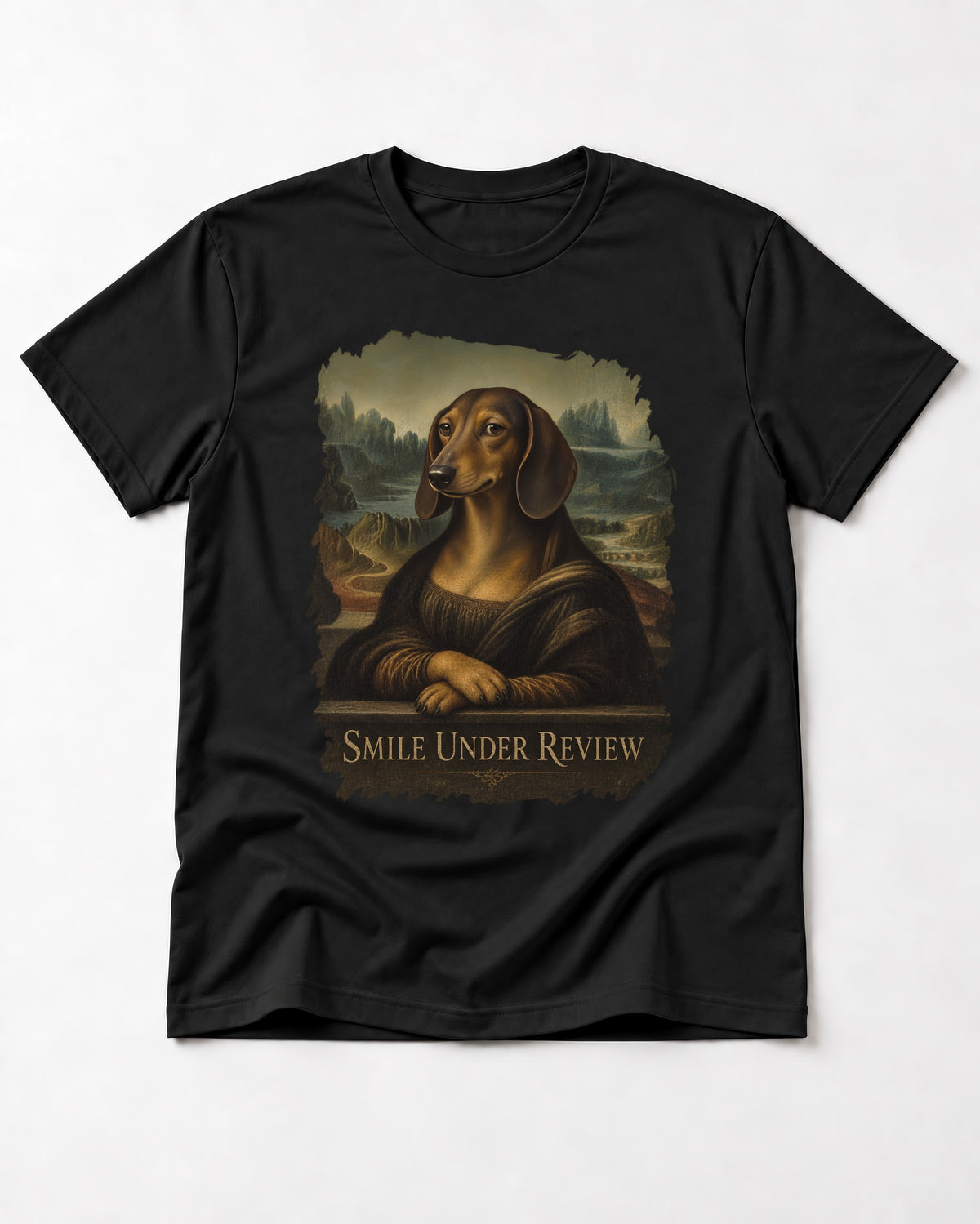 Dachshund Smile Under Review Mona Lisa Graphic T-Shirt in Black, flat lay product photo