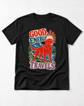 Labrador Retriever Good Energy Travels Adventure Graphic T-Shirt in Black, flat lay product photo