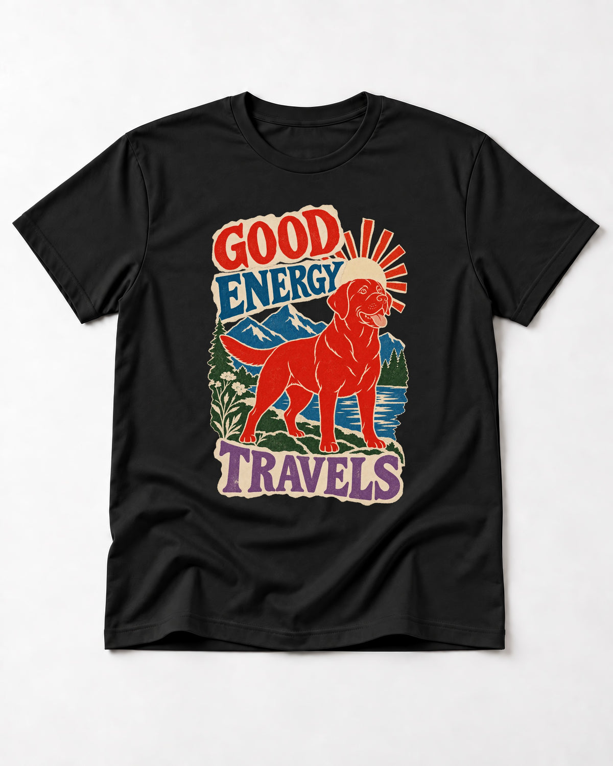 Labrador Retriever Good Energy Travels Adventure Graphic T-Shirt in Black, flat lay product photo
