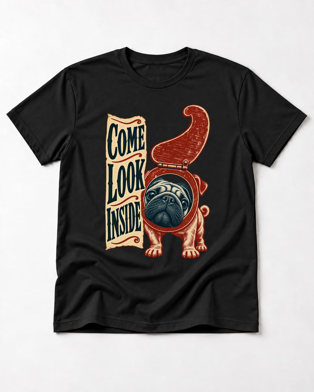 Pug Come Look Inside Toilet Seat Graphic T-Shirt in Black, flat lay product photo