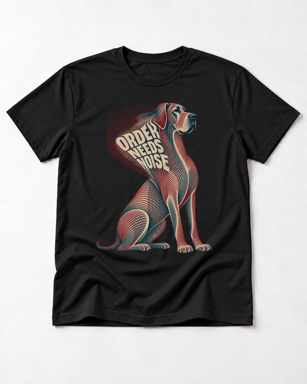 Great Dane Order Needs Noise Optical Line Graphic T-Shirt in Black, flat lay product photo