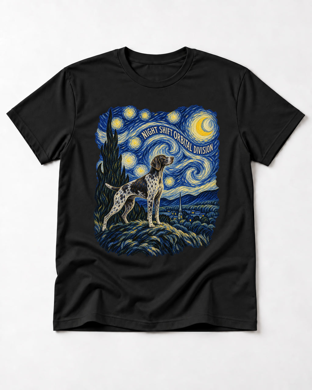 German Shorthaired Pointer Night Shift Orbital Division Starry Night Graphic T-Shirt in Black, flat lay product photo