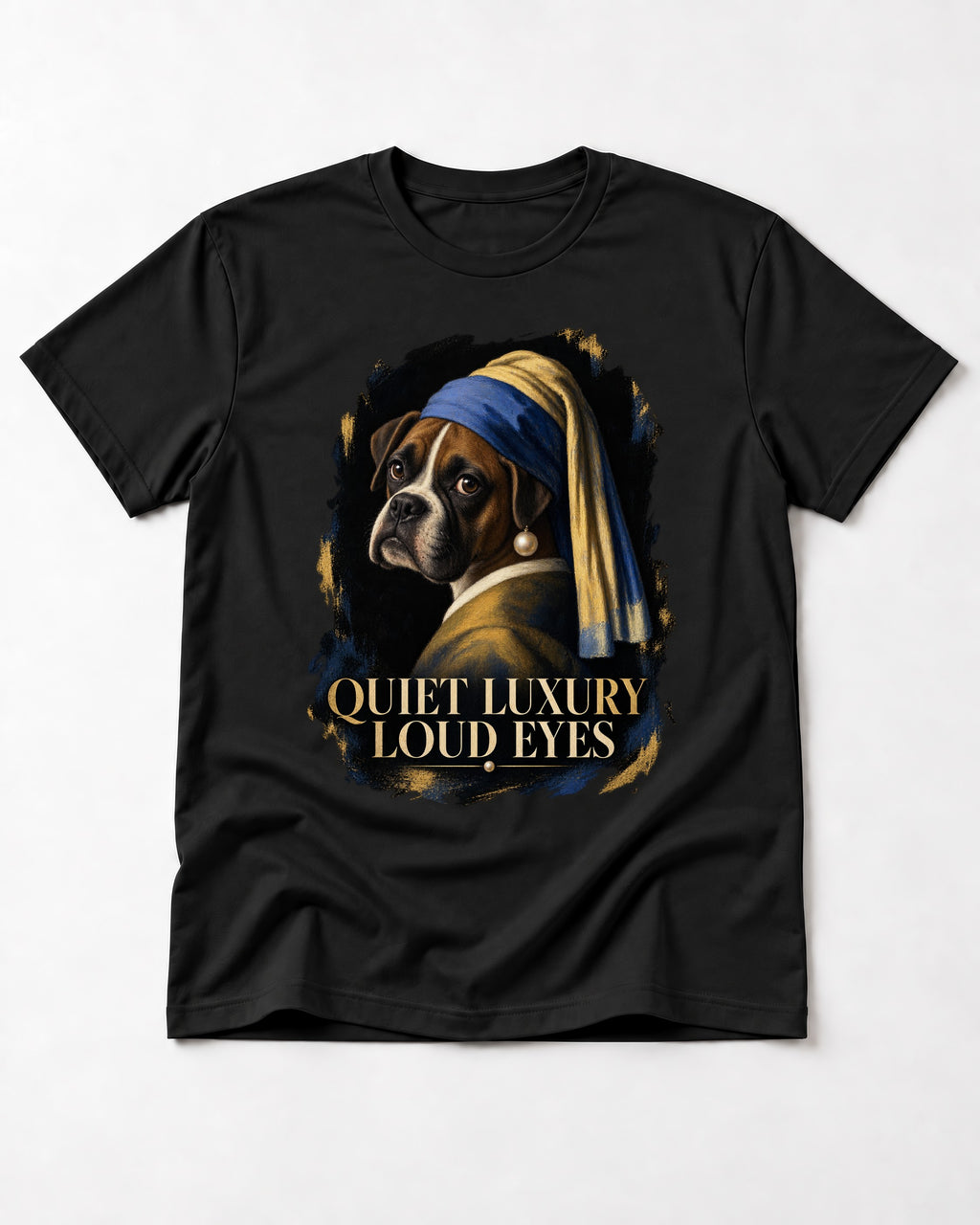 Quiet Luxury Loud Eyes Boxer Pearl Portrait T-Shirt in Black, flat lay product photo