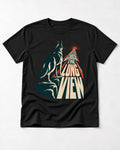 Choose the Long View Sunrise German Shepherd Dog Graphic T-Shirt in Black, flat lay product photo
