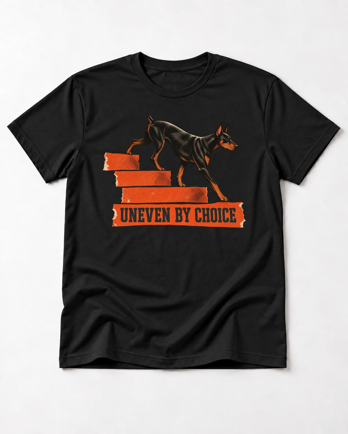 Doberman Uneven by Choice Stair Graphic T-Shirt in Black, flat lay product photo