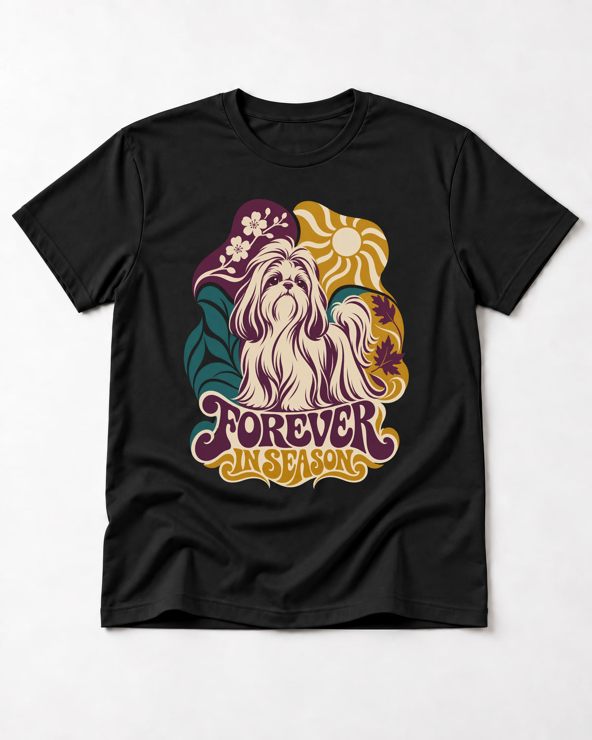 Shih Tzu Forever in Season Botanical Sun Graphic T-Shirt in Black, flat lay product photo
