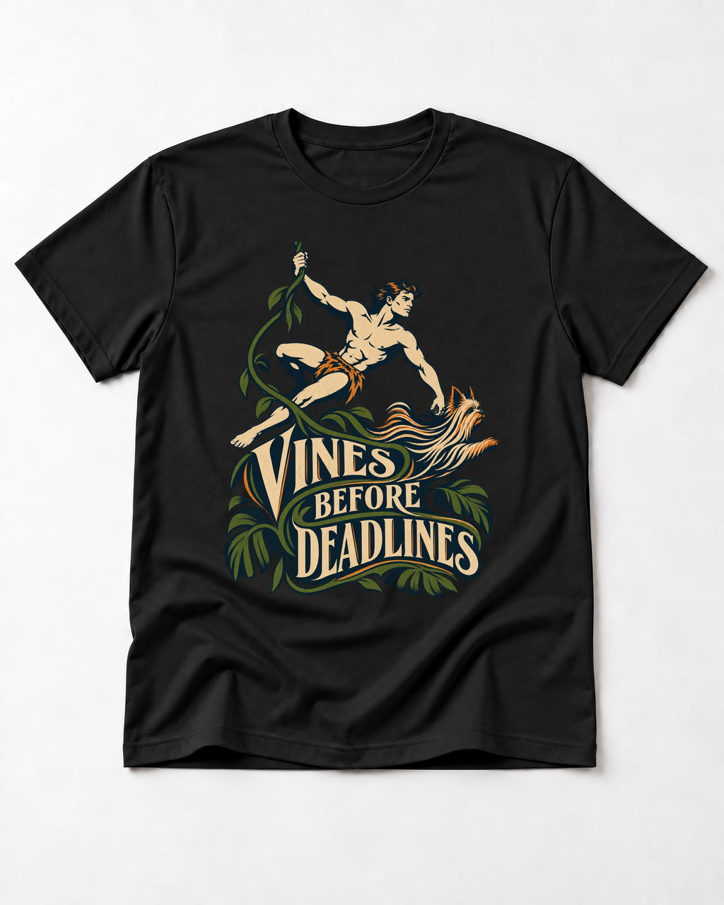 Yorkshire Terrier Vines Before Deadlines Jungle Hero Graphic T-Shirt in Black, flat lay product photo