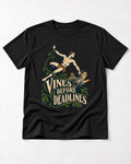 Yorkshire Terrier Vines Before Deadlines Jungle Hero Graphic T-Shirt in Black, flat lay product photo