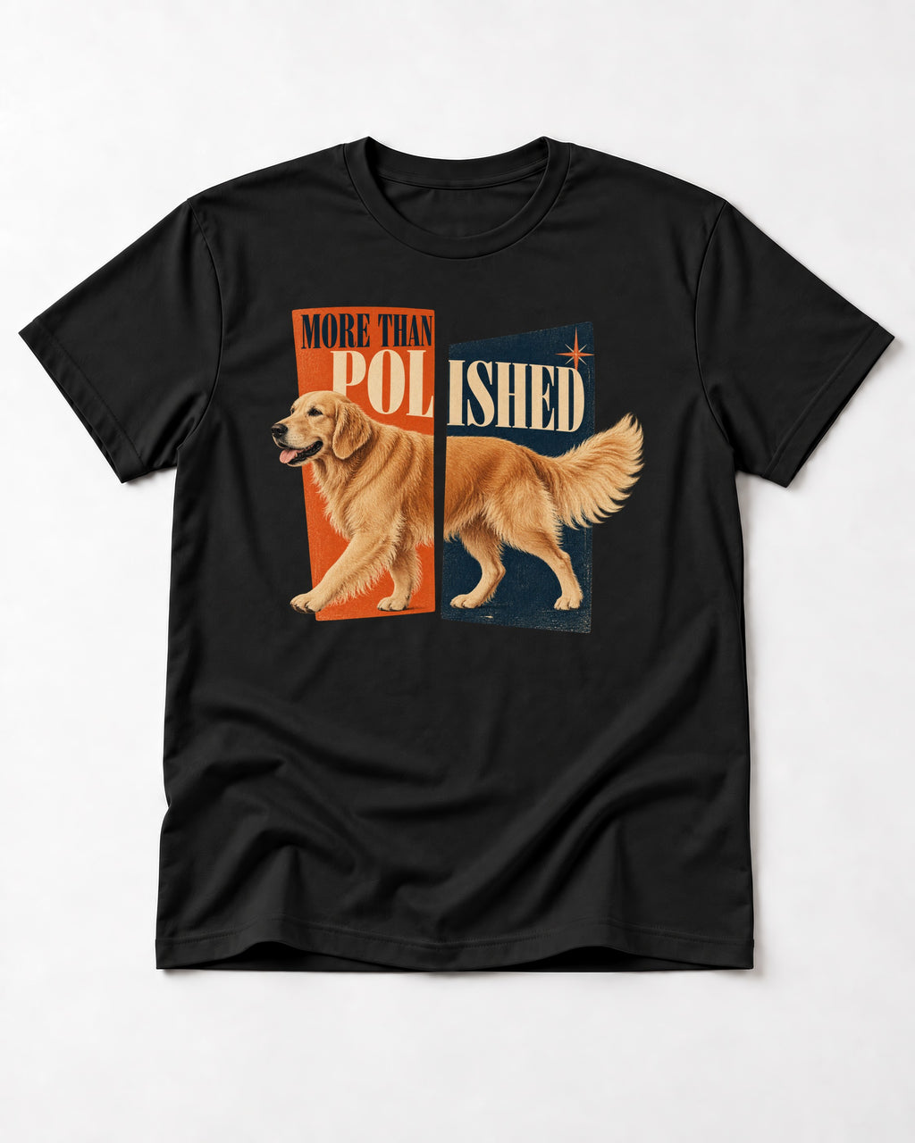 Golden Retriever More Than Polished Split Panel Graphic T-Shirt in Black, flat lay product photo