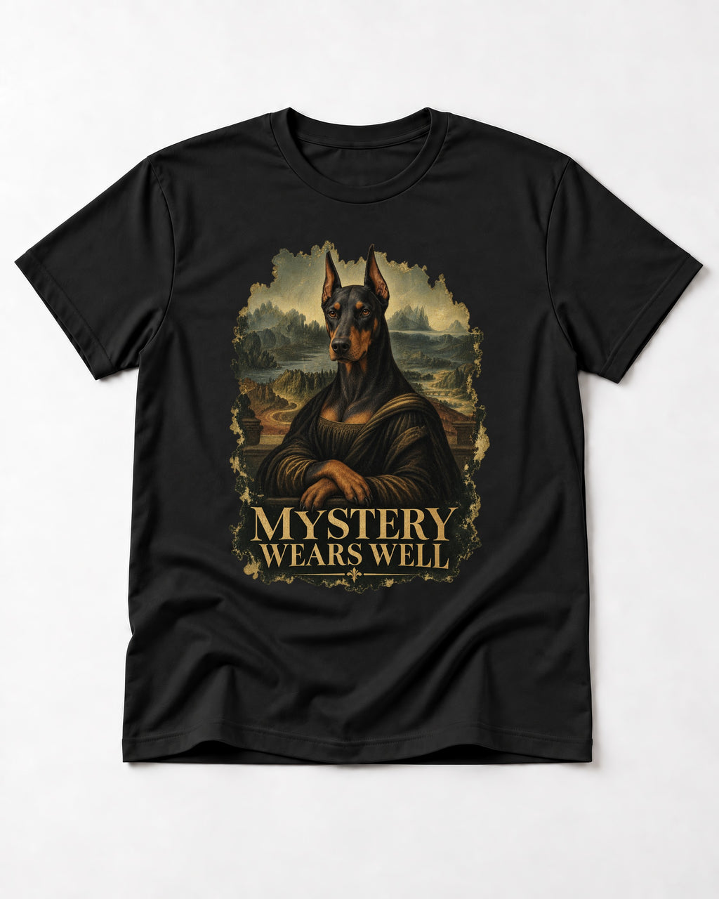 Doberman Mystery Wears Well Renaissance Portrait Graphic T-Shirt in Black, flat lay product photo