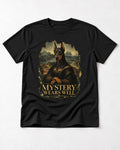 Doberman Mystery Wears Well Renaissance Portrait Graphic T-Shirt in Black, flat lay product photo