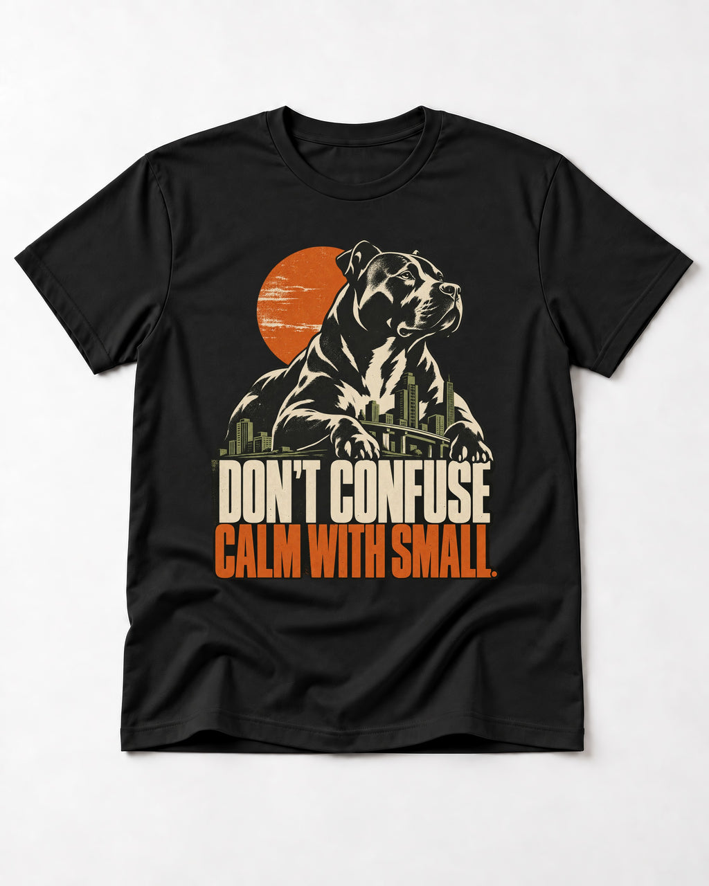 Pitbull Don't Confuse Calm with Small City Guardian Graphic T-Shirt in Black, flat lay product photo