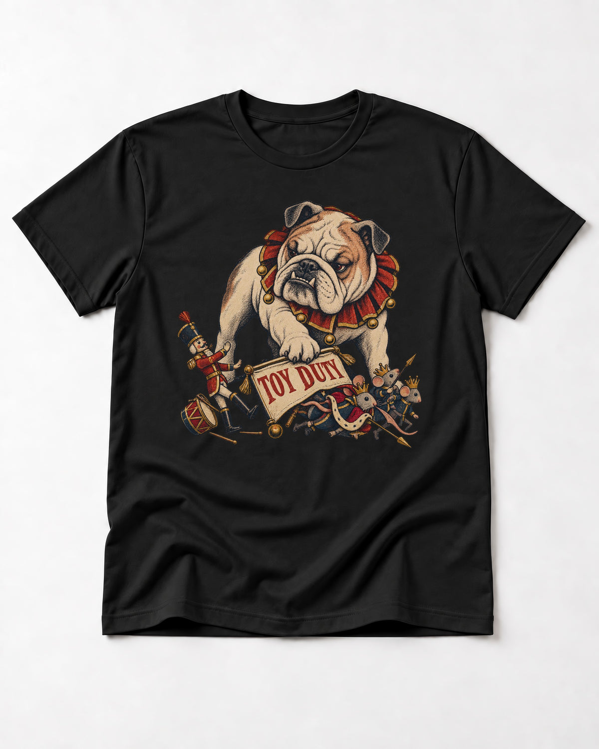 English Bulldog Toy Duty Nutcracker Mice T-Shirt in Black, flat lay product photo