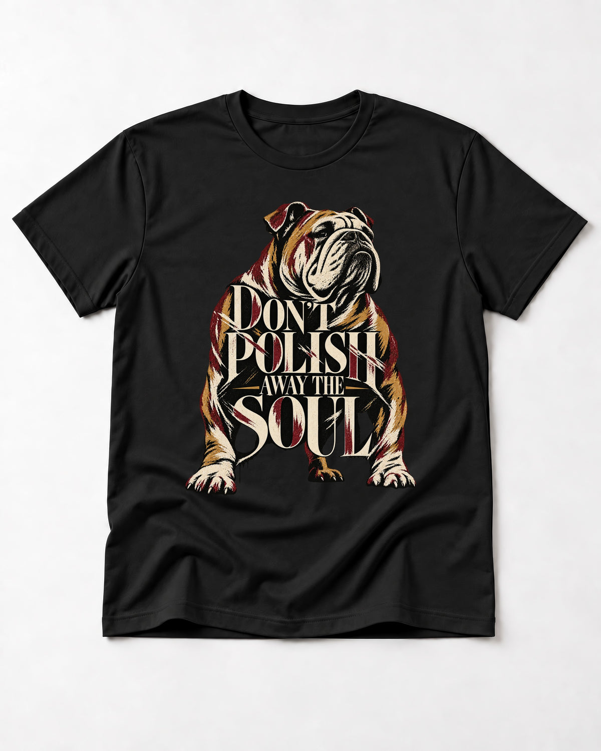 English Bulldog Don't Polish Away the Soul Typography Graphic T-Shirt in Black, flat lay product photo