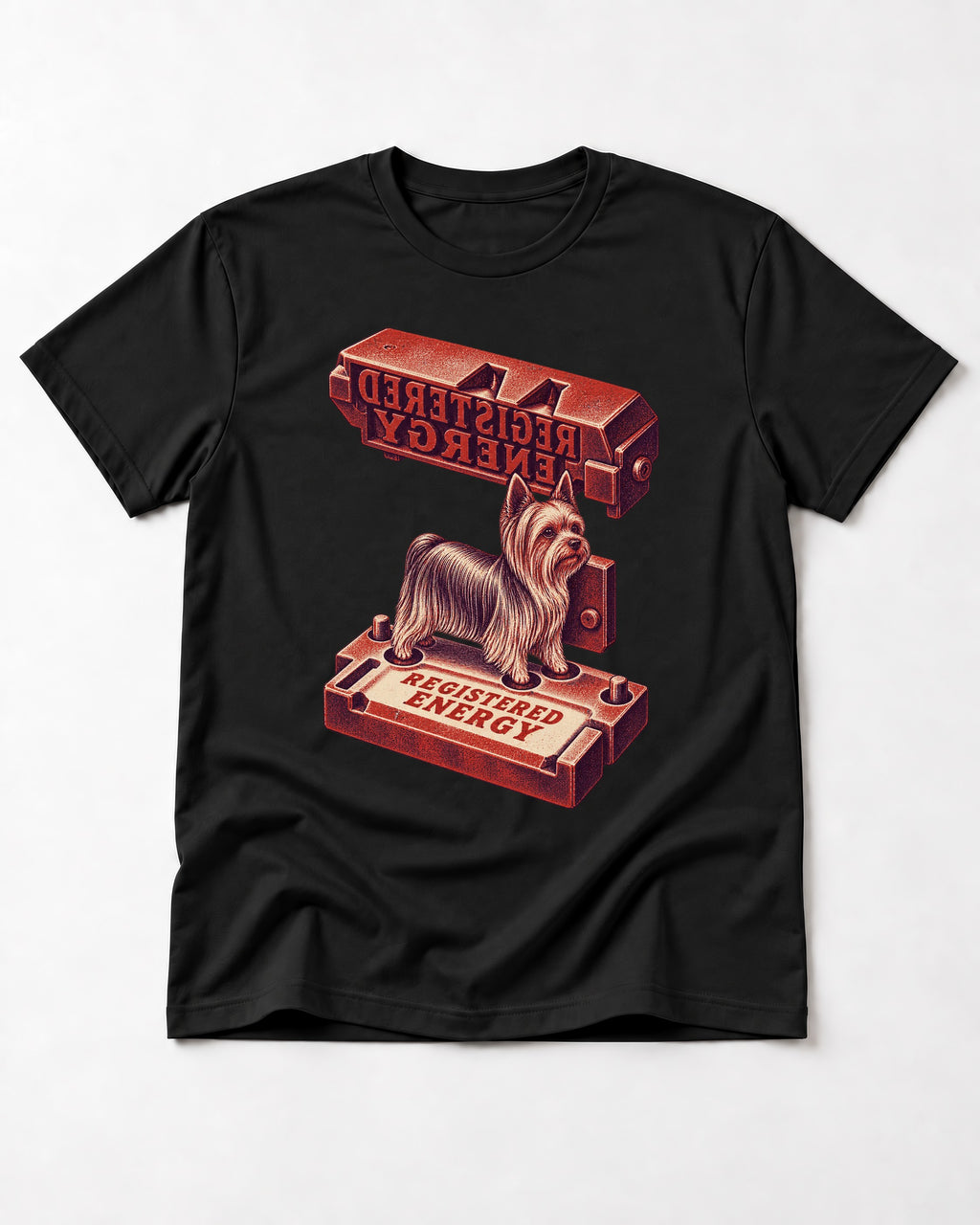 Yorkshire Terrier Registered Energy Stamp Press Graphic T-Shirt in Black, flat lay product photo