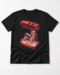 Yorkshire Terrier Registered Energy Stamp Press Graphic T-Shirt in Black, flat lay product photo