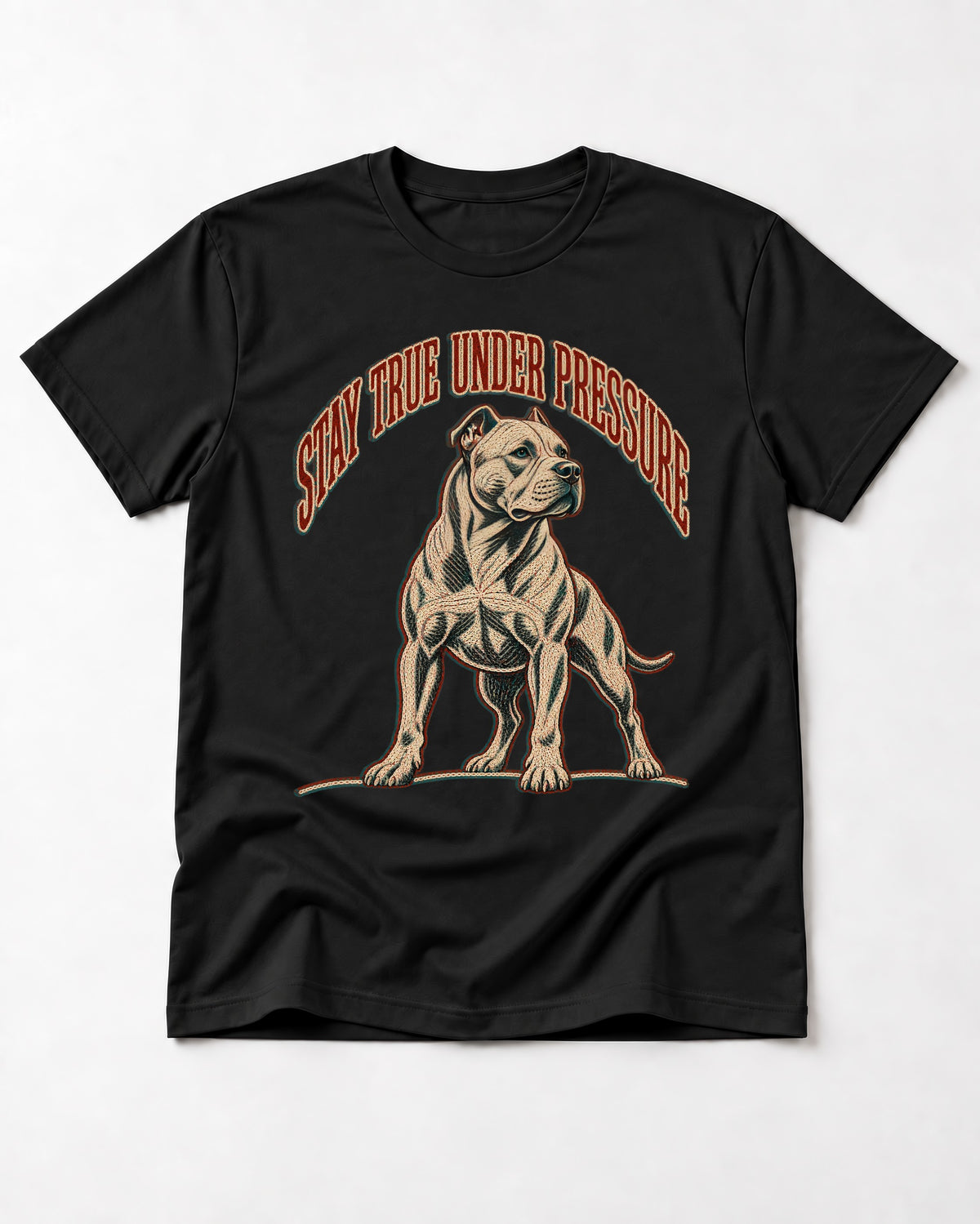 Pitbull Stay True Under Pressure Stance Graphic T-Shirt in Black, flat lay product photo