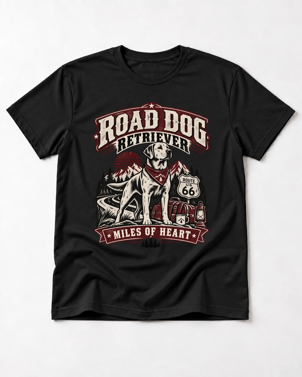 Labrador Retriever Road Dog Miles of Heart Route 66 Graphic T-Shirt in Black, flat lay product photo