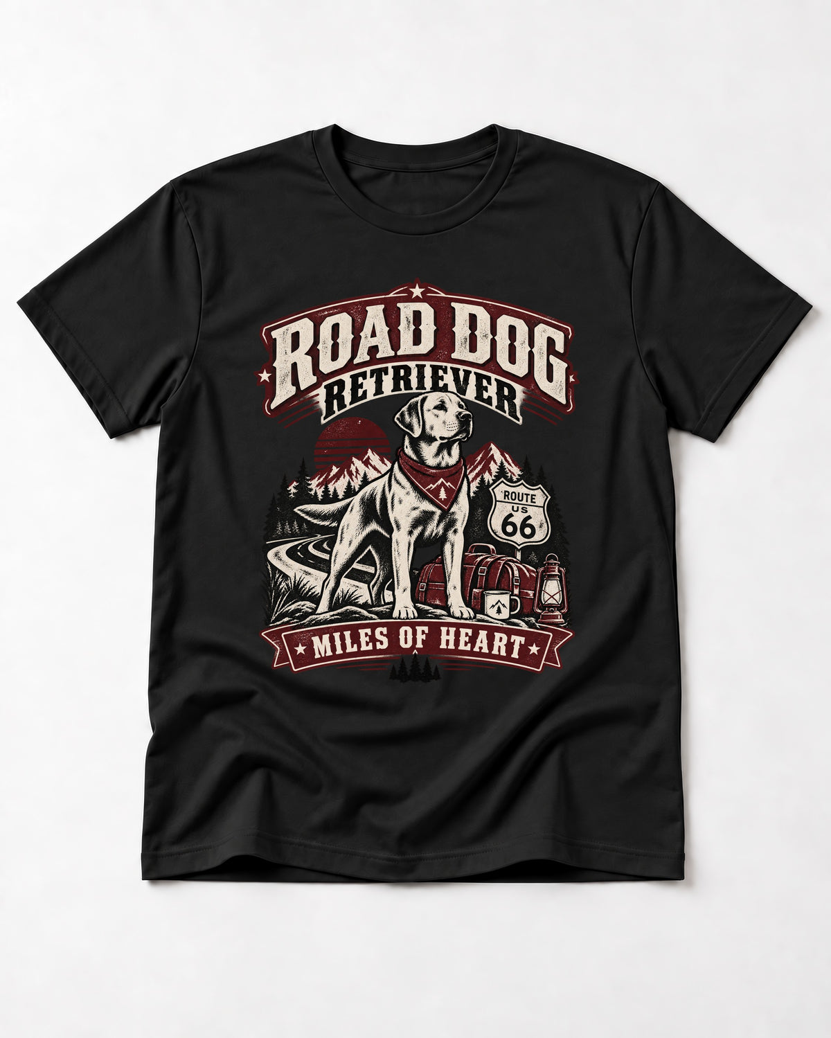 Labrador Retriever Road Dog Miles of Heart Route 66 Graphic T-Shirt in Black, flat lay product photo