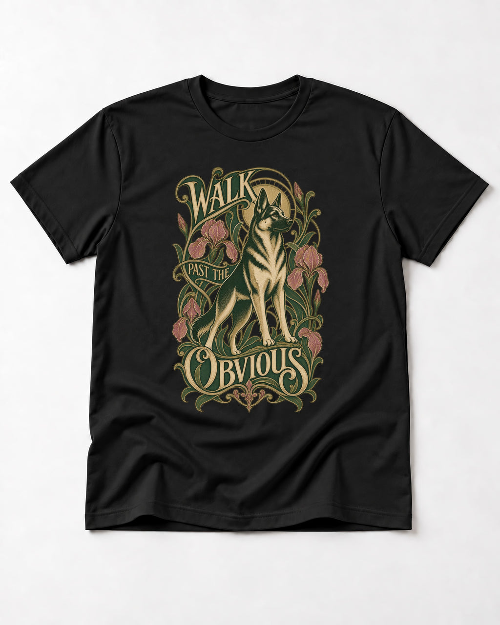 Walk Past The Obvious Art Nouveau German Shepherd Dog Graphic T-Shirt in Black, flat lay product photo
