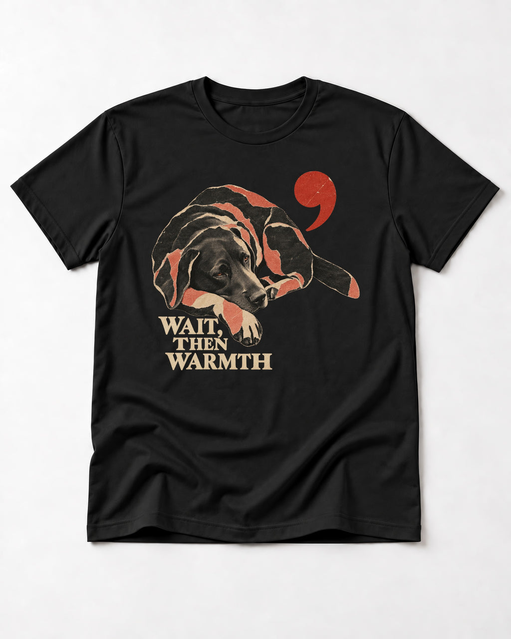Labrador Retriever Wait Then Warmth Blanket Pause Graphic T-Shirt in Black, flat lay product photo