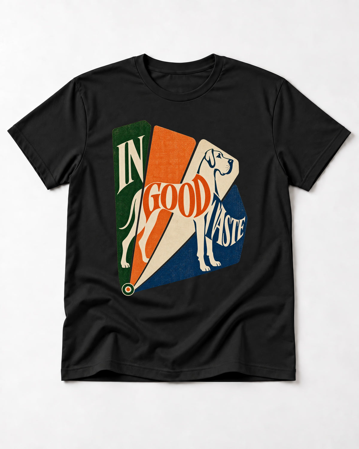 Great Dane In Good Taste Color Fan Graphic T-Shirt in Black, flat lay product photo