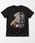 Pug Curiosity Has No Return Policy Portal Graphic T-Shirt in Black, flat lay product photo