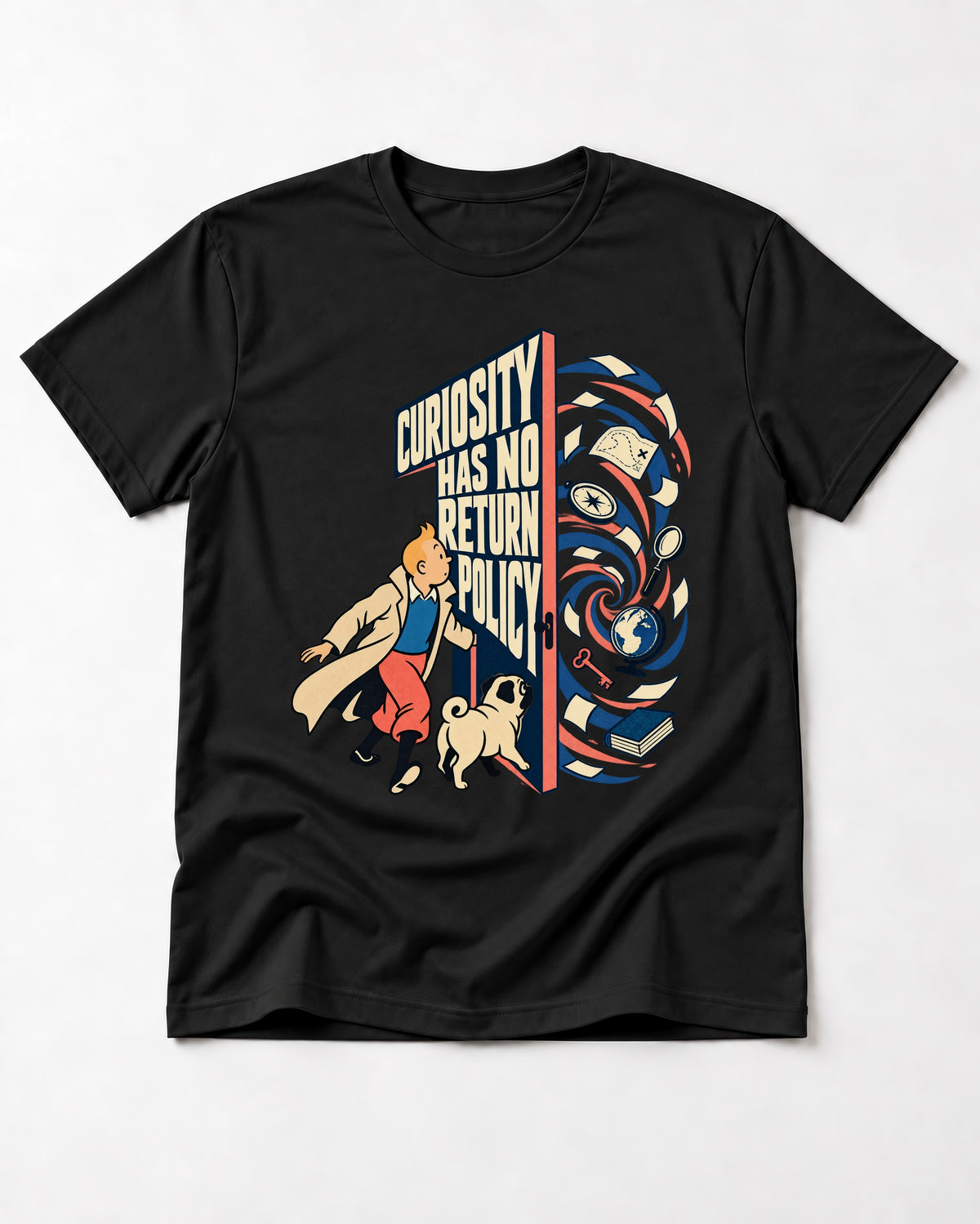Pug Curiosity Has No Return Policy Portal Graphic T-Shirt in Black, flat lay product photo