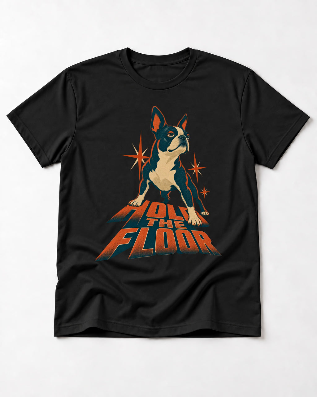 Boston Terrier On The Floor Perspective Graphic T-Shirt in Black, flat lay product photo