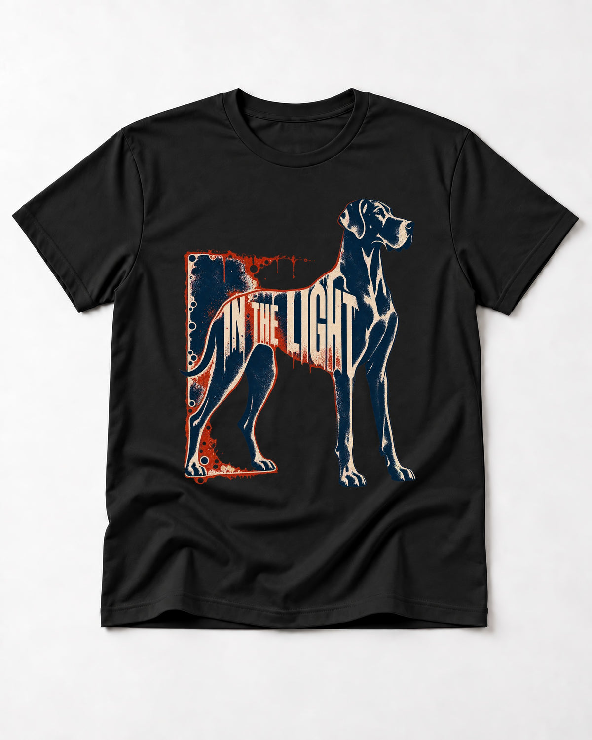 Great Dane In the Light Industrial Frame Graphic T-Shirt in Black, flat lay product photo