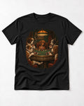 Dachshund Good Friends Bad Hands Poker Scene T-Shirt in Black, flat lay product photo