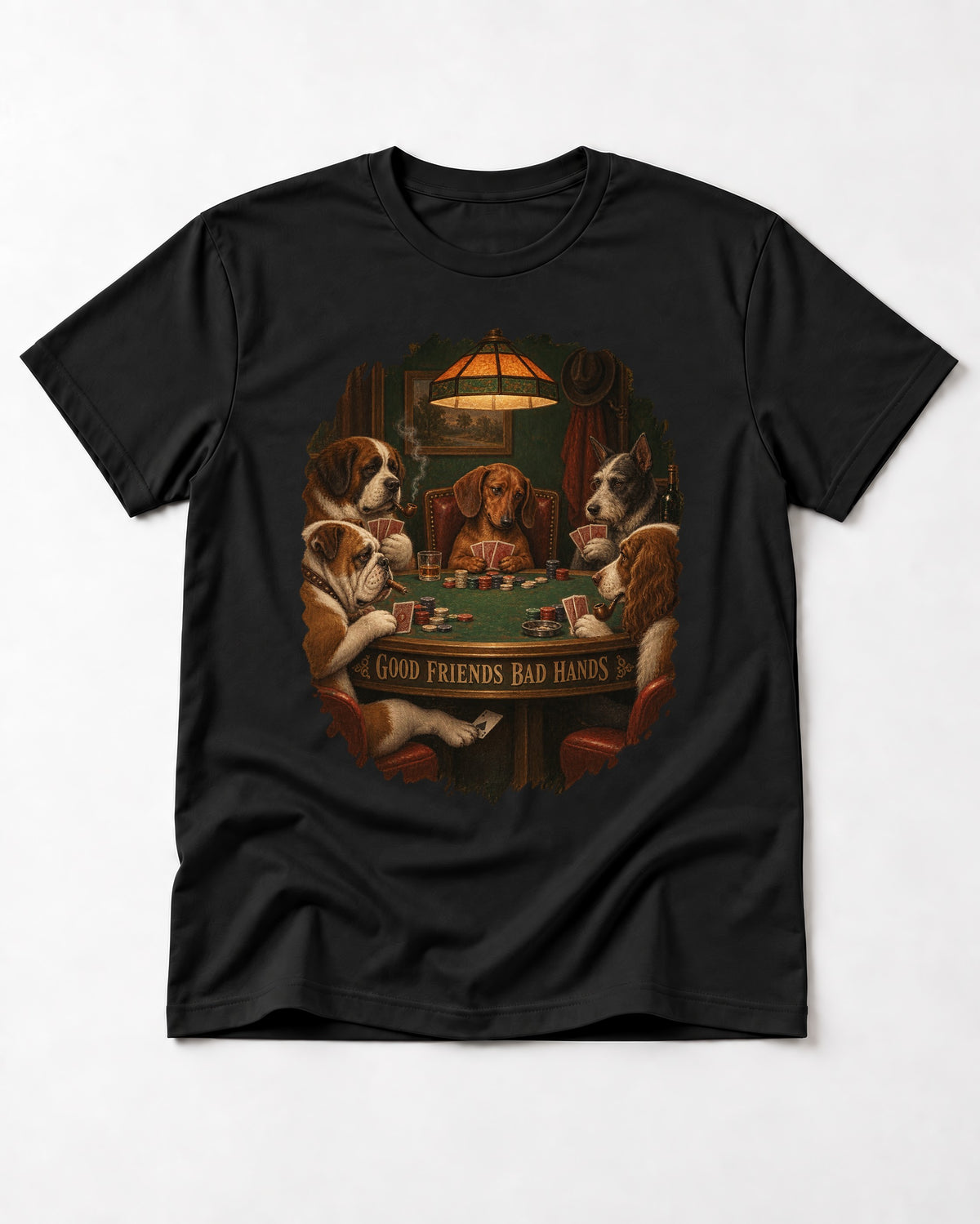 Dachshund Good Friends Bad Hands Poker Scene T-Shirt in Black, flat lay product photo
