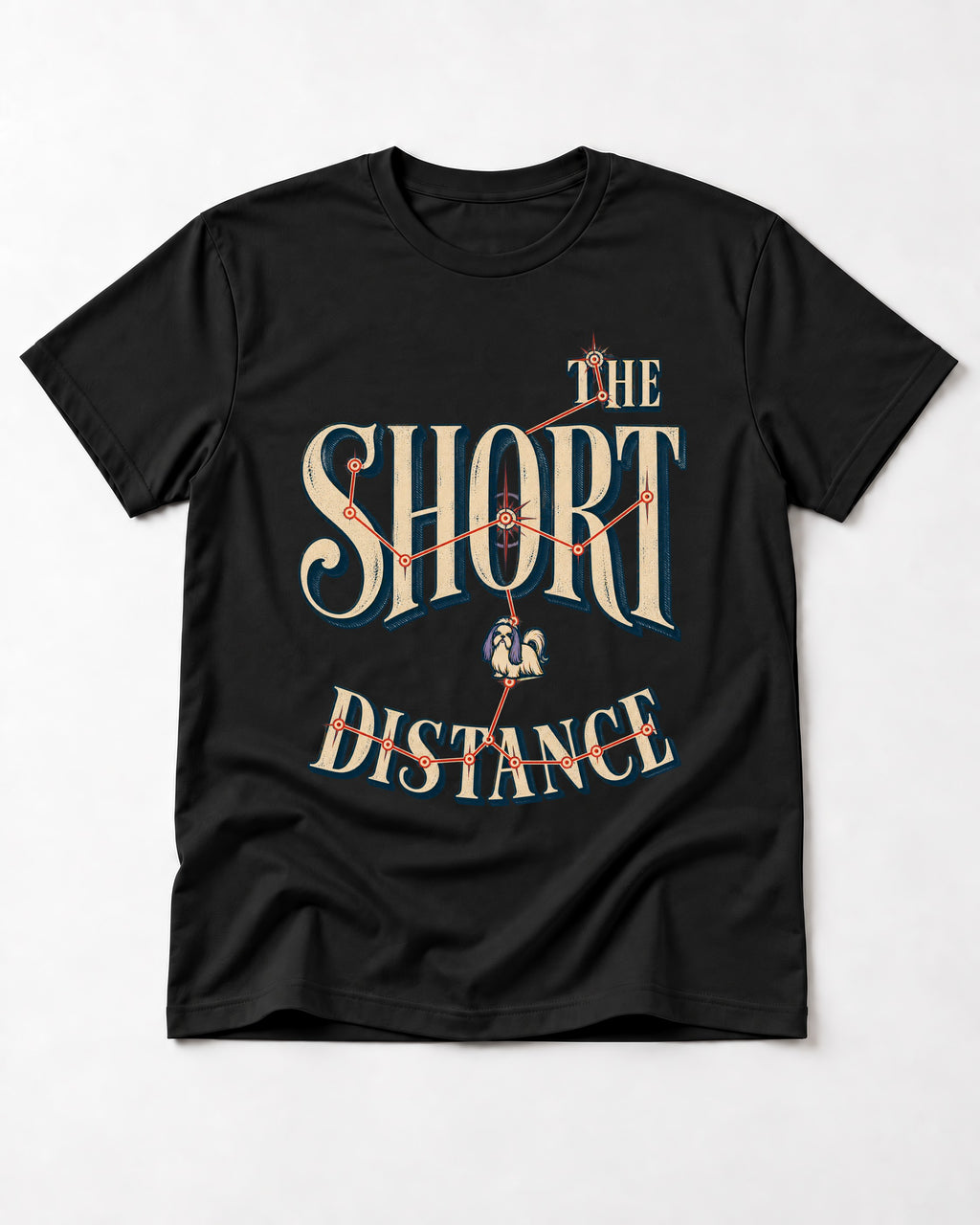 Shih Tzu The Short Distance Route Graphic T-Shirt in Black, flat lay product photo
