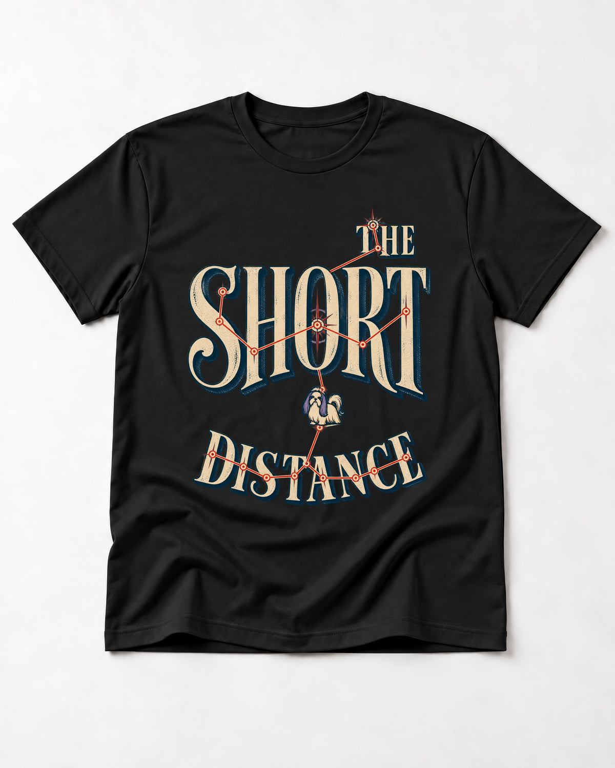 Shih Tzu The Short Distance Route Graphic T-Shirt in Black, flat lay product photo