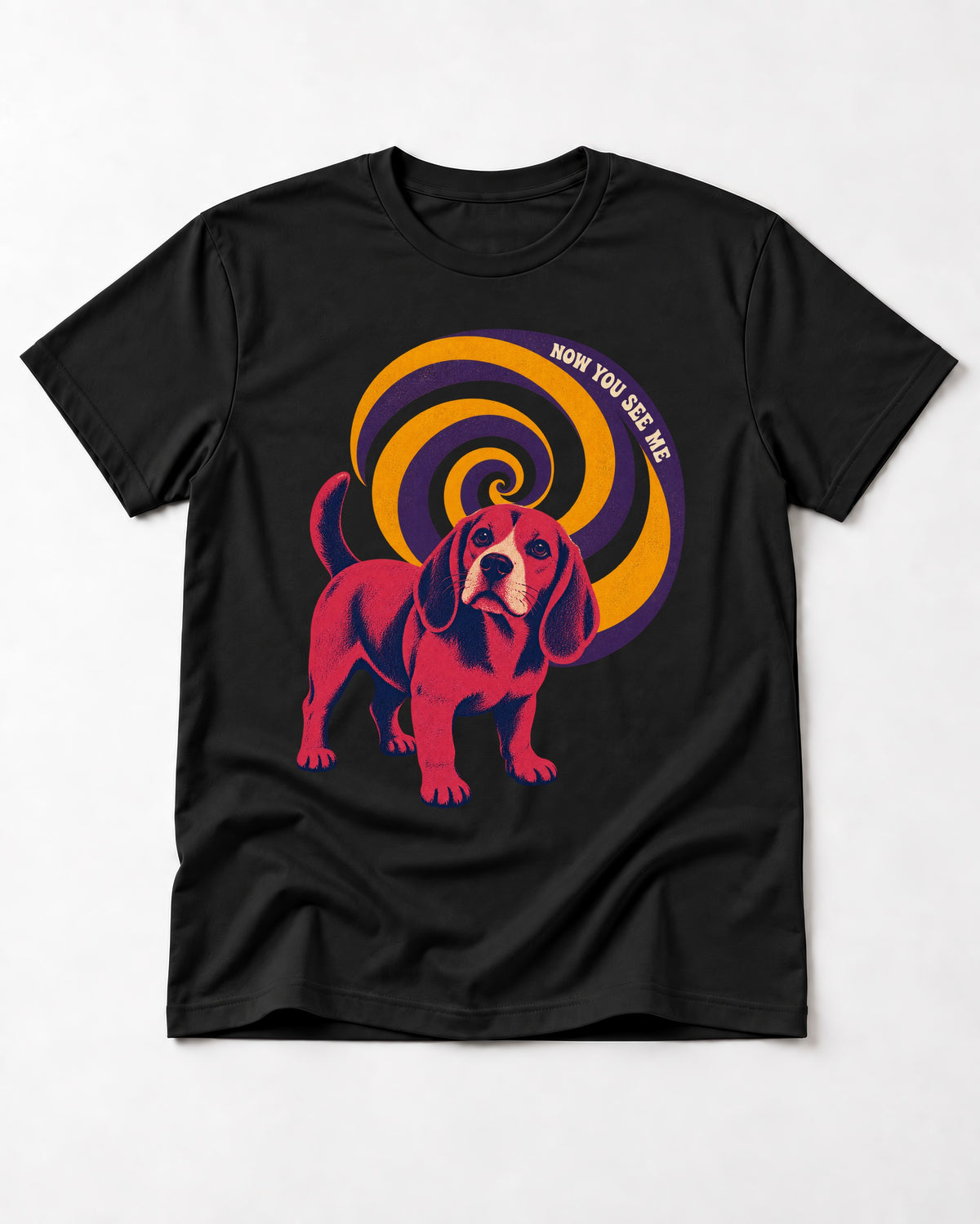 Now You See Me Beagle Spiral T-Shirt in Black, flat lay product photo