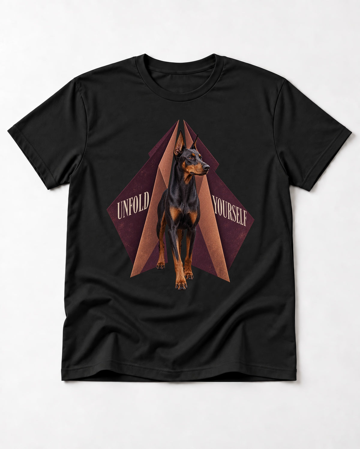 Doberman Unfold Yourself Geometric Portrait Graphic T-Shirt in Black, flat lay product photo