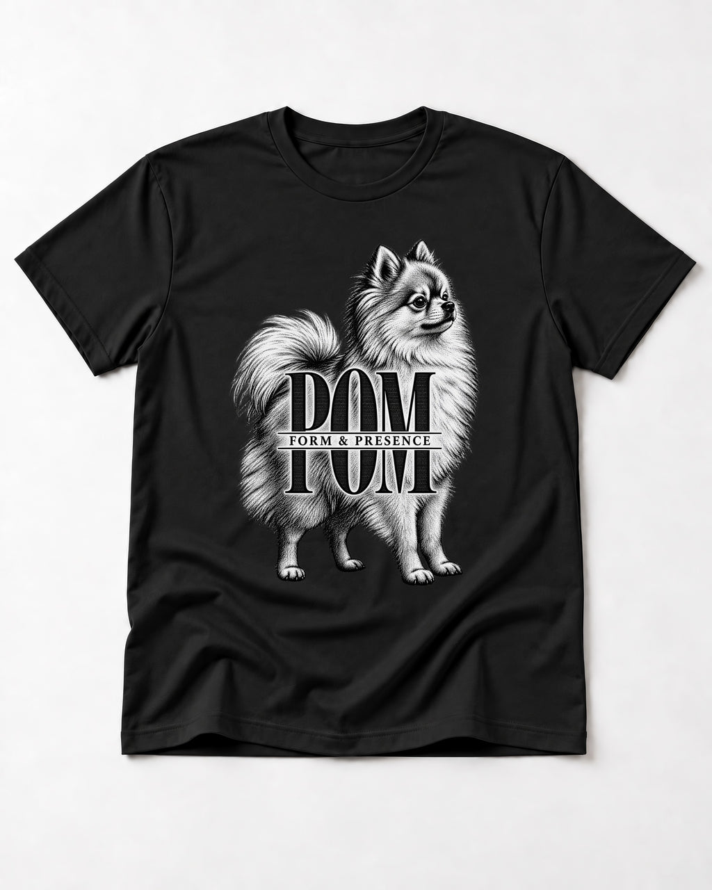 Pomeranian Form and Presence Monogram Graphic T-Shirt in Black, flat lay product photo