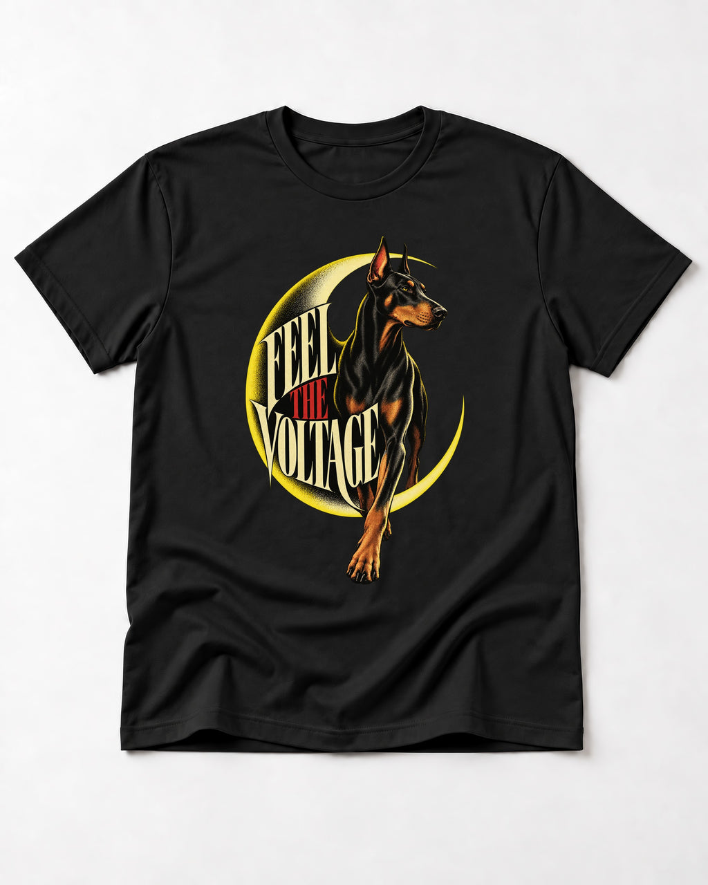 Doberman Feel the Voltage Crescent Portrait Graphic T-Shirt in Black, flat lay product photo